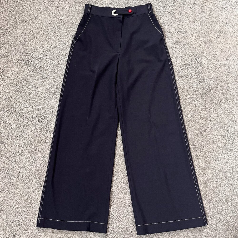 GOODIOUS NAVY WIDE LEG TOPSTITCHED TROUSER SLACK PANTS EYELET WAIST CLOSURE -  0